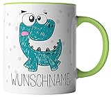 vanVerden Kinder Tasse - süßer kleiner Dino - Dinosaurier Zeichnung - Wunschnamen anpassbar personalisiert- beidseitig Bedruckt - Geschenk Idee Kaffeetassen Kinderbecher, Tassenfarbe:Weiß/Grün