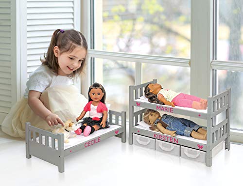 Badger Basket Convertible 3 in 1 Doll Bunk Bed - Stackable Triple Bed with with Bedding, Storage & Personalization Kit - Doll Furniture for Girls - Fits 14 to 20 Inch Dolls - Executive Gray by Badger Basket - Image 5