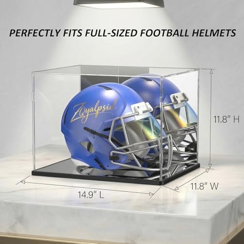 Image of Football Helmet Display Case, Clear Acrylic Display Box for Full Size Football & Baseball Helmets, Mirrored Back & Bottom, Black Base, Dust-Resistant Showcase, 14.9 inch x 11.8 inch x 11.8 inch