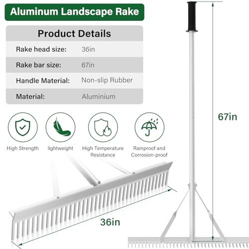 Aluminum Landscape Rake,36\" Landscape Rake,Leaf Rake with 67 Inch Handle,Aluminum Yard Rake Tool for Loosening Soil,Lawn Care,Weeding Lake,Garden,Pond,Beach Landscaping(36\" Head X 67\" Handle)