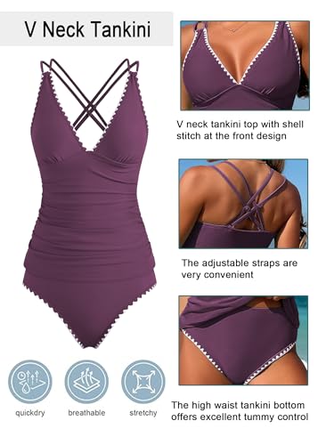 Jillumi Womens Tankini Bathing Suits High Waisted Bathing Suit Shell Stitch Push Up Two Piece Swimsuits Bathing Suits with Shorts (Deep Purple L) — view 4