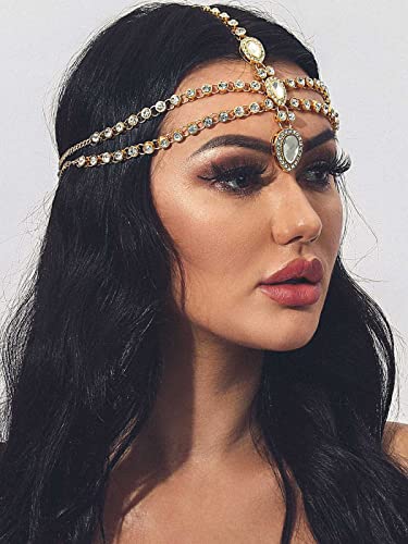 Aukmla Rhinsetones Head Chain Crystal Head Jewelry Festival Halloween Prom Costume Headpiece Fashion Hair Accessories for Women and Girls (Gold)
