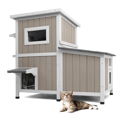 2-Story 3-Room Large Cat House for Multi Cats, Outdoor Feral Safety Cat Home, Weatherproof Pitched Asphalt Roof, 3 Escape Doors, Acrylic Window, Fir Wood Cat Shelter Ideal for 2-3 Cats