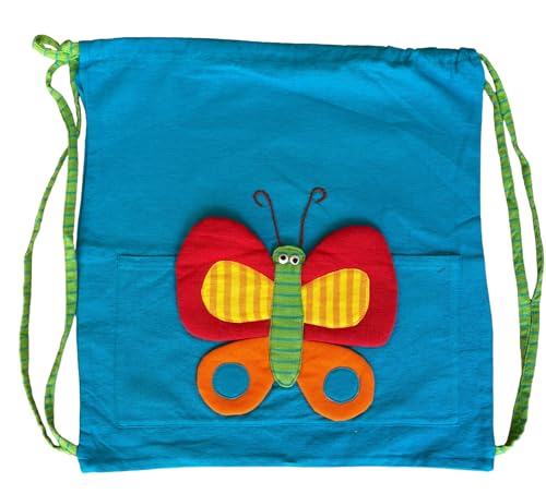 Image of Gym Bag Drawstring Backpack with Turquoise Butterfly, Appliques Decorative Designs, Handwoven Cotton Canvas (Butterfly, Turquoise)
