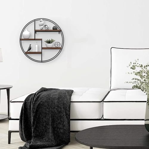 Image of Dime Store Metal Round Floating 4-Tiers Shelves Wooden Bookshelf for Home Wall Decorative Racl Shelf for Living Room & Bedroom (Black & Brown)