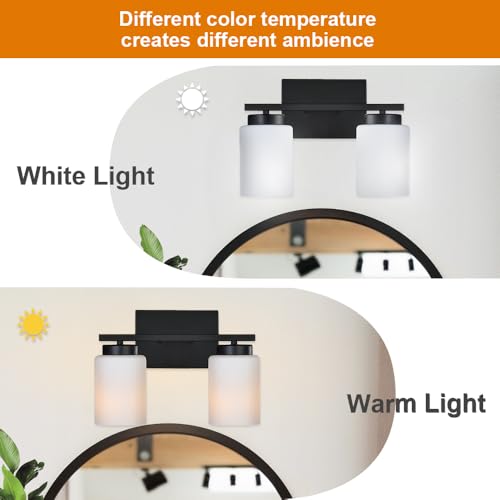 Image of 2 Light Matte Black Bathroom Light Fixtures, Indoor Modern Vanity Light Over Mirror Wall Sconces with Milky White Frosted Glass Shades for Bedroom Hallway Gallery