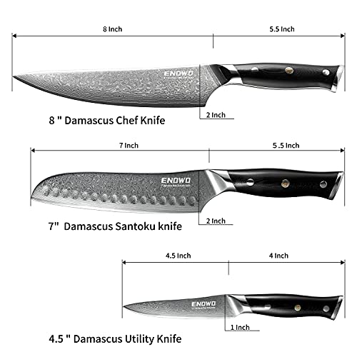 Enowo Damascus Knife Set 3 Piece, Japanese Damascus Steel Vg10, Chef's Knife Set, Premium 4 Stage Kitchen Sharpener, Quickly And Safely Repair, Restore And Polish Straight Edge Dull Knives And Sharpen #TOP4