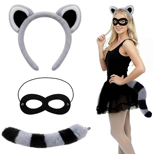 Haysandy 3 Pcs Raccoon Costume Set Raccoon Ears Plush Headband Tail and Eyemask Zoo Animal Costume Accessory for Halloween Fancy Dress Cosplay Birthday Animal Suit