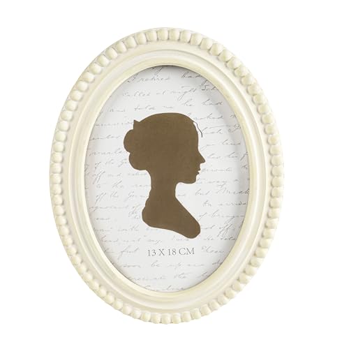 Sunlit Boho Vintage Picture Frame 5x7 Inch with Beaded Border Oval Luxury Antique Photo Frames with Glass Front Photo Display Tabletop Wall Hanging Gift Idea Distressed White