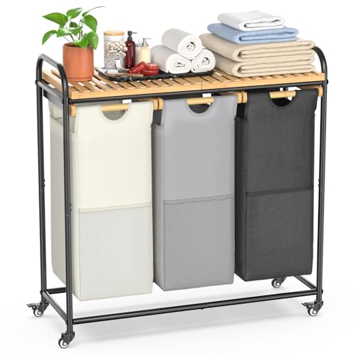 Laundry Hampers 3 Section, Laundry Sorter with Removable Shelf an...
