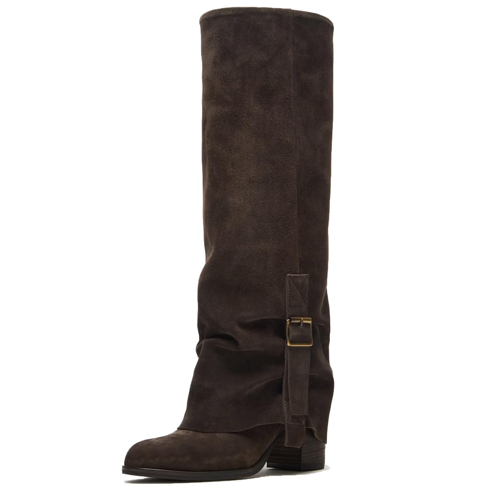 Womens Slouchy Knee High Boots Fold Over Shark Boots Round Toe Chuny Heel Tall Boot for Fall Winter