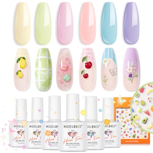 modelones Pastel Gel Nail Polish Set, Hema Free 2026 Spring Summer Macaron Gel Polish Set Light Pink Pastel Yellow Purple Baby Blue Green 6 Colors Nails with Fruit Theme Stickers LED Mani Gift