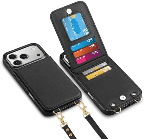Vofolen for iPhone 17 Pro Max Case Wallet with Card Holder Crossbody Adjustable Strap Magnetic Clasp Heavy Duty Protective Leather Flip Phone Cover for iPhone 17ProMax for Women, Black