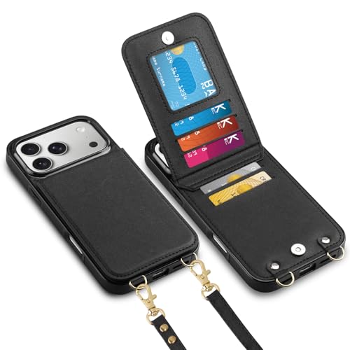Vofolen for iPhone 17 Pro Max Case Wallet with Card Holder Crossbody Adjustable Strap Magnetic Clasp Heavy Duty Protective Leather Flip Phone Cover for iPhone 17ProMax for Women Black