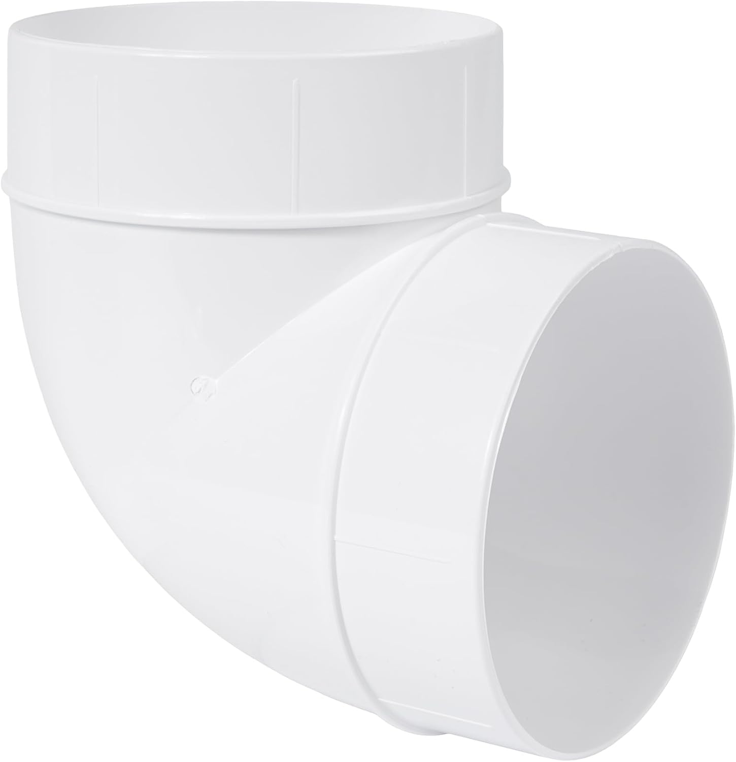 4-Inch White Plastic 90-Degree Elbow Duct Fitting for Round HVAC Pipes - Push-fit Airflow Connector, Ideal for Efficient Ventilation Systems in Residential, Commercial Applications.