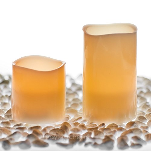 Hayley Cherie - Real Wax Flameless Candles with Timer (Set of 5) - LED Candles 5” and 3” Tall - Flickering Amber Flame - Battery Operated Pillar Candles – Large Unscented (Ivory)
