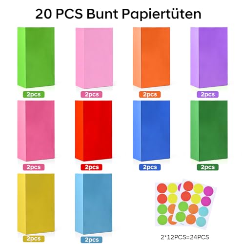 HAMOHTE Papiertüten Bunt, 20 Stück Geschenktüten Kindergeburtstag mit 24 Aufkleber, Klein Geburtstagstüten Kinder, Kraft Papier Mitgebsel Tüten Gift Bag für Party, Geschenk, Geburtstag, Feiern