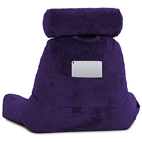 Husband Pillow Medium Purple, Backrest for Kids, Teens, Petite Adults - Reading Pillows with Arms, Adjustable Loft, Plush Memory Foam, Bed Rest Chair for Sitting Up, Detach Neck Roll, Removable Cover
