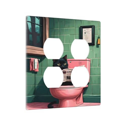 Decorative Outlet Covers Funny Black Cat Newspaper Pink Toilet 2 Gang Wall Plate Cover Double Duplex Receptacle Two Switch Light Switch Cover Plate Jumbo Dual Faceplate
