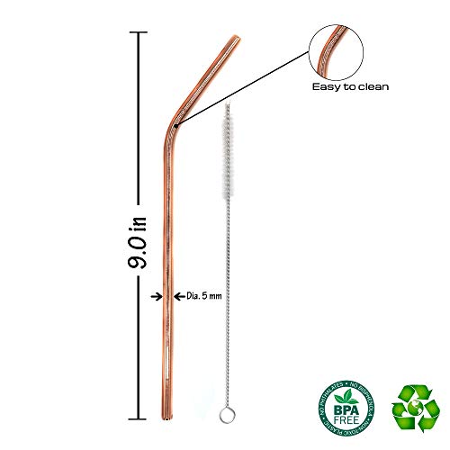 Metal Drinking Straws - 5 Rose Gold Reusable Bent Straws With 3 Cleaning Brushes - Copper Plated Stainless Steel For Moscow Mule And More #TOP3
