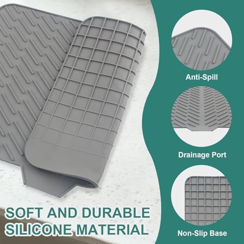 Image of CooRug Silicone Dish Drying Mat for Kitchen - Built-in Drain Lip | Hygienic Drying Pad - Sturdy Compact Easy to Clean Tray Protects Surfaces Prevents Water Build Up - 23 X 17 Inches (Grey)