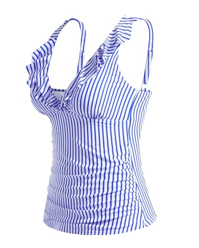 Image of Ruffle V Neck Tankini Top Only Women Tummy Control Swimsuit Tank Top | Removable cups for custom bust lift, Blend soft spandex to stretch easily