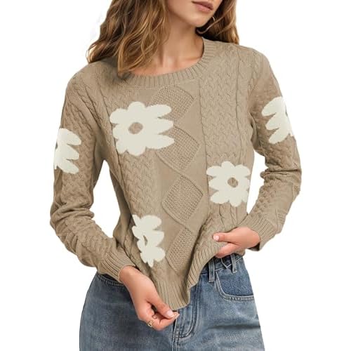 Cakulo Womens Lightweight Fall Pullover Sweaters Cable Knit Crew Neck Sweater Tops 2025 Trendy Outfits X-Large Floral-khaki