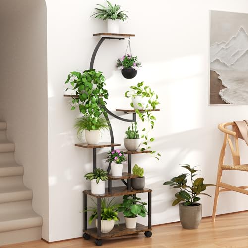 WMLBK Support de plantes de 158 cm avec lumière de croissance, 8 niveaux, en métal et bois, pour l'intérieur et l'extérieur, étagère décorative pour balcon, jardin et salon Banc de fleurs pour plantes