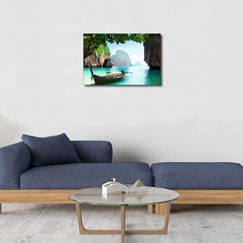 Canvas Wall Art Phuket Thailand Modern Artwork Beach Boat Wallpaper Natural Landscape Painting Prints for Living Room Bathroom Office Home Decorations 16x24inch (40x60cm) - Image 3