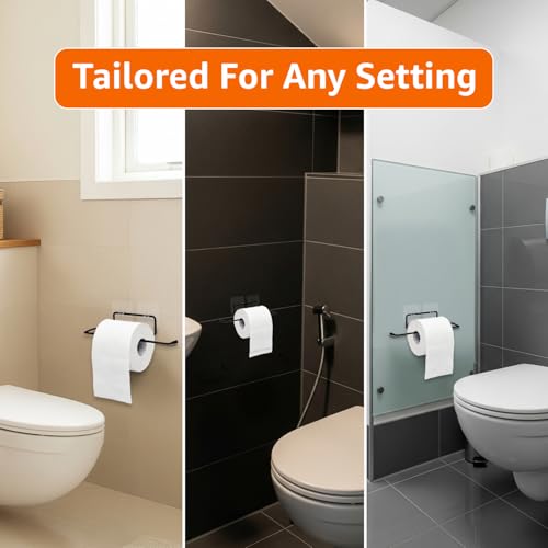 Image of Amazon Basics Self-Adhesive Toilet Paper Holder | Wall-Mounted Bathroom Tissue Roll Hanger | Rust Proof GI Steel with Powder-Coated Black Finish | 24.8L X 5.47W x 4.8H cm, Pack of 2