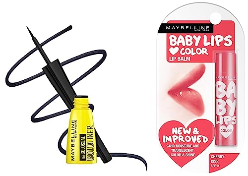 Image of Maybelline New York Baby Lips Lip Balm, Cherry Kiss, 4g and Maybelline New York Colossal Bold Eyeliner, Black, 3g