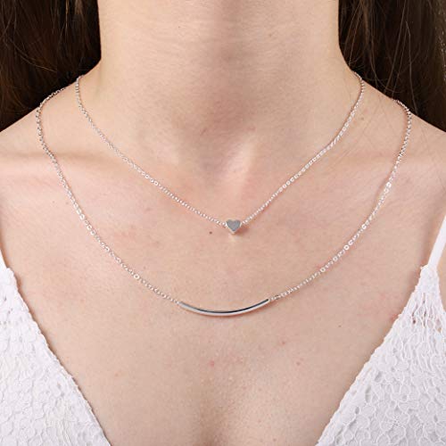Jovono Bohe Layered Bar Necklace Sliver Heart Pendant Necklace Chain Jewlery adjustable for Women and Girls
