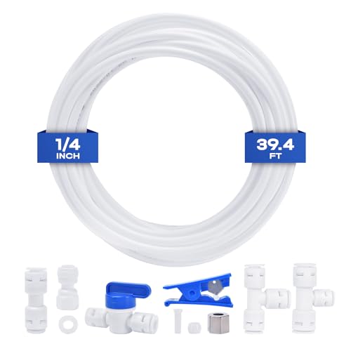 Refrigerator Water Line Kit CNAODUN Ice Maker Water Line Kit with 1/4 OD 39.4ft Water Line Reverse Osmosis Quick Connect Fittings Push To Connect Water Tube Fittings for Fridge Ice Maker