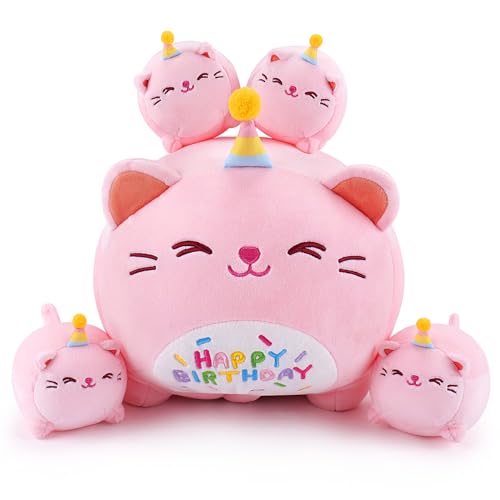 Image of Pink Birthday Cat Plush, 5 PCS Cat Plush Stuffed Animal Family, 16 inch Pink Cat Mommy White Cat with 4 Baby Kittens Cat Plushies,Kawaii Cat Plush Toy Christmas Birthday Gifts for Kids Boys Girls