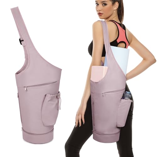 sportsnew Yoga Mat Bag, Large Opening Long Tote Yoga Mat Carrier Holder Bag with Waterproof Wet Pocket and Drawstring Water Bottle Pocket, Adjustable Shoulder Strap Storage Bag, Pink, patent pending