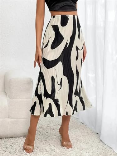 Women Casual Graphic Print Pleated Elastic High Waist Geometry Long Skirts Beige2