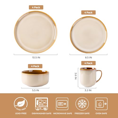 Image of LERATIO Ceramic Dinnerware Sets for 4,16-PieceReactive Glaze Plates and Bowls Set with Mugs,Highly Chip and Crack Resistant | Dishwasher,Microwave & Oven Safe Dishes set-Kahki