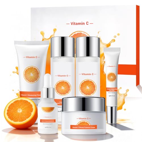 Kit Facial Con Vitamina C Para Mujer,Set Cuidado La Piel Hidratante De 6 Piezas Con Limpiador Facial,TóNico,EmulsióN,Contorno De Ojos,Crema Facial,SéRum,HidratacióN Y Antienvejecimiento