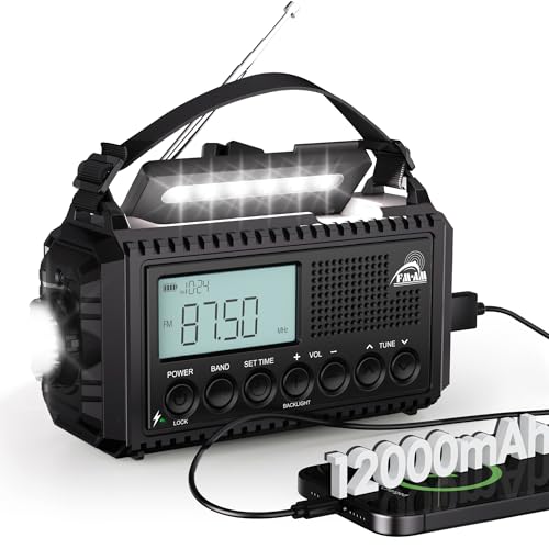 AM/FM/SW Baustellenradio, Kurbelradio mit Weltempfänger, Notfallradio Typ C Anschluss, Powerbank/SOS-Alarm/Taschenlampe/Leselicht/IPX4, Tragbare Outdoor Radio für Wandern, Camping, Baustellet