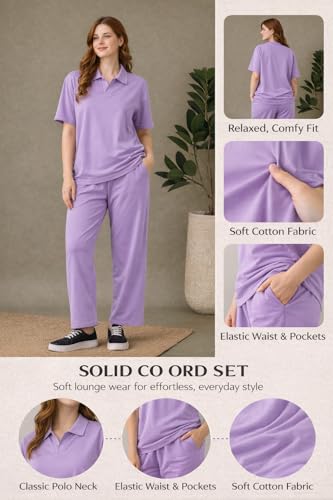 Image of Kvetoo Women Solid Tracksuit Set Cotton Lounge Wear Set Half Sleeve Polo T-Shirt & Straight Pant Casual Travel Outfit