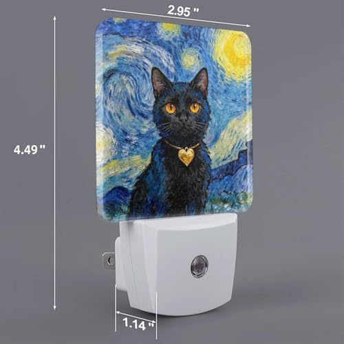Image of Black Cat Night Light Set of 2, Starry Sky Auto Sensor LED Dusk-to-Dawn Nightlights, Plug-in Sensor Lamp for Bedroom Bathroom Kitchen Hallway Stairs Decorative