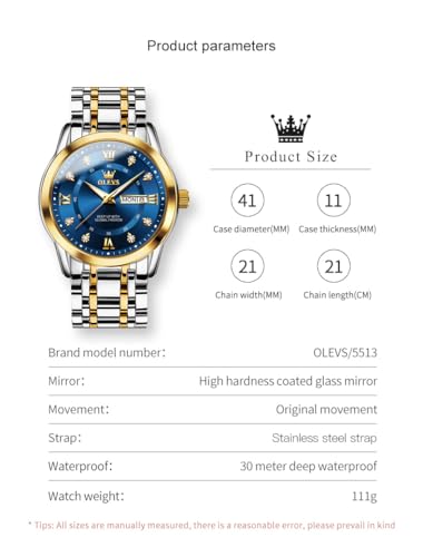 Image of OLEVS Men Watch Blue Gold Analog Quartz Stainless Steel Waterproof Luminous Date Luxury Casual Watch