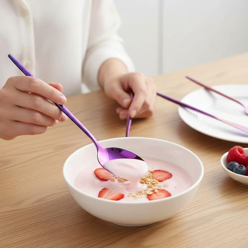 Image of 30 Pcs Pink Cutlery Set for Dining Table the Perfect Lightweight Silim Handle Tableware Including Dinner Spoon, Dinner Fork, Dinner Knife, Dessert Spoon & Dessert Fork