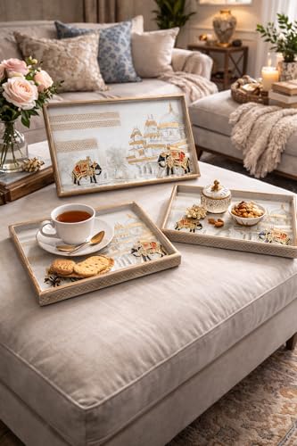 Image of Premium Wooden Serving Tray Set of 3 | Ethnic Indian Art Printed Tea, Coffee & Snack Trays | Decorative Multipurpose Home & Kitchen Serving Tray (F-06)