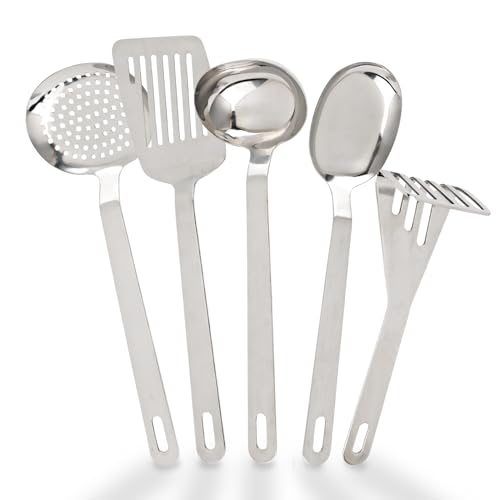 Better Houseware Kitchen Utensils Set Stainless Steel – 5-Piece Stainless Steel Cooking Utensils – Potato Masher, Solid Spoon, Slotted Turner, Perforated Spoon, Gravy Ladle
