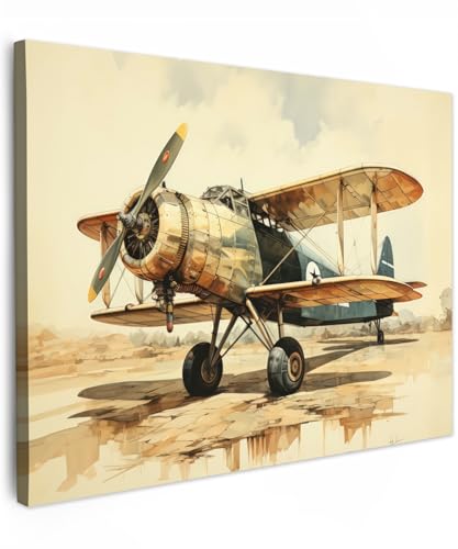 MuchoWow© Impression sur Toile Peinture 40x30 cm Tableau Mural Decoration Salon Reproductions de Tableaux Murale Moderne Vintage - Avion - Eau - Beige -...