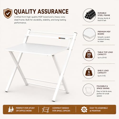 Image of InnoFur Meleti Folding,Multi Purpose, Study, Adjustable Portable, Work from Home, Laptop, Computer, Writing, Dining, Utility Table with Bookshelf (Large, White 100CM x 73CM x 85CM)