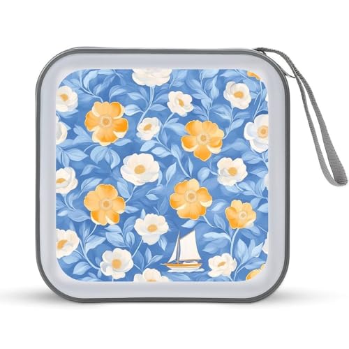 DuduYH White Yellow Flowers Sailboat CD Case DVD Storage Case Portable for Car Home Travel