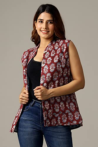 Image of Ravaiyaa - Attitude is everything Women's Floral Printed Reversible Quilted Jacket Coat Blazer Jacket Sleeve Less Waistcoat