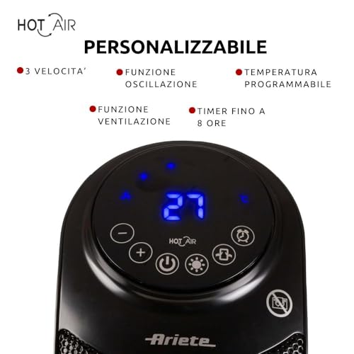 Ariete 8213 Termoventilatore a torretta, 2200W, 3 velocità, Timer fino a 8 ore, Funzione ventilazione, Funzione oscillazione, Tecnologia ceramica, Led display, Nero - Immagine 3